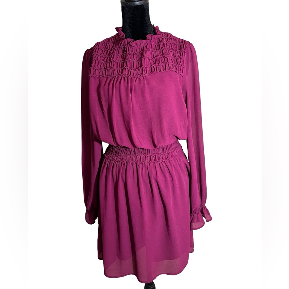 She + Sky Magenta Long Sleeve Mini Dress Sheer With Lining Women’s Size Medium - Picture 4 of 9